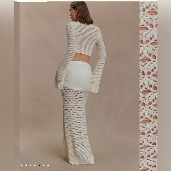 Meshki Mania Crochet SET Long Sleeve Cropped Top and skirt- Ivory size small - Picture 5 of 5